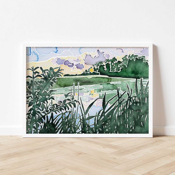 Original Art Print ‚Sonnenuntergang über den Fischteichen II‘ white frame