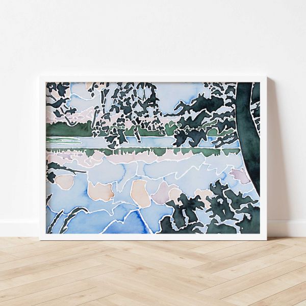 Modern Art Print ‚Sonnenuntergang über den Fischteichen I‘ white frame