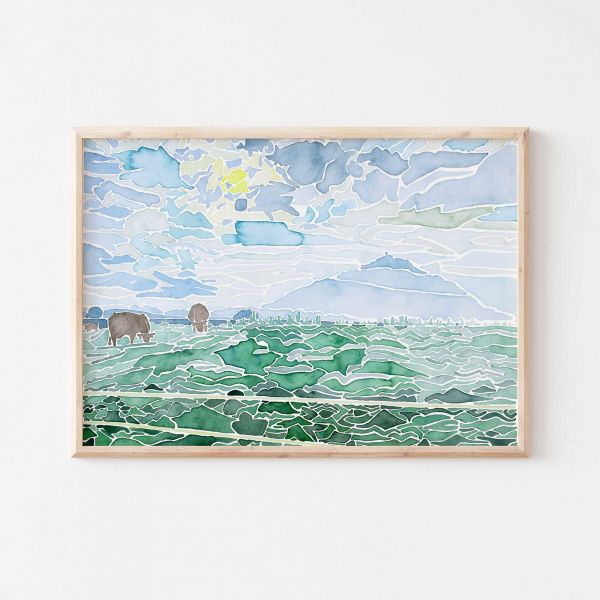 Contemporary Art Print ‚Kühe im Nebel‘ wooden frame