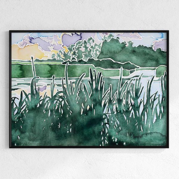 Abstrakter Kunstdruck ‚Sonnenuntergang über den Fischteichen III’ schwarzer Rahmen